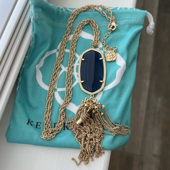 Kendra Scott Rayne Oval Tassel Pendant Necklace Navy Cat’s Eye / Gold - Picture 10 of 15